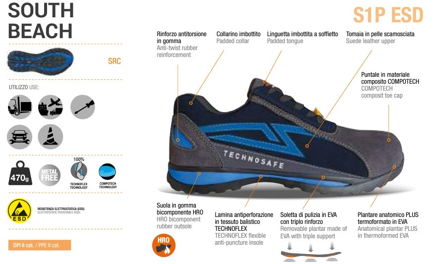 TECHNOSAFE Scarpe antinfortunistica South Beach S1P ESD - blu